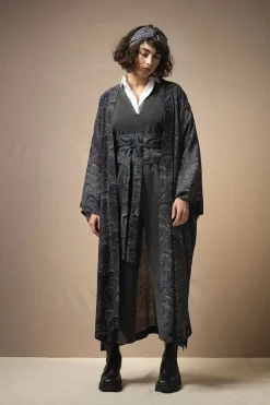 Hot One Hundred Stars Marbled Indigo Crepe Long Kimono