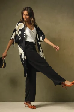 One Hundred Stars Stork Black Midi Kimono