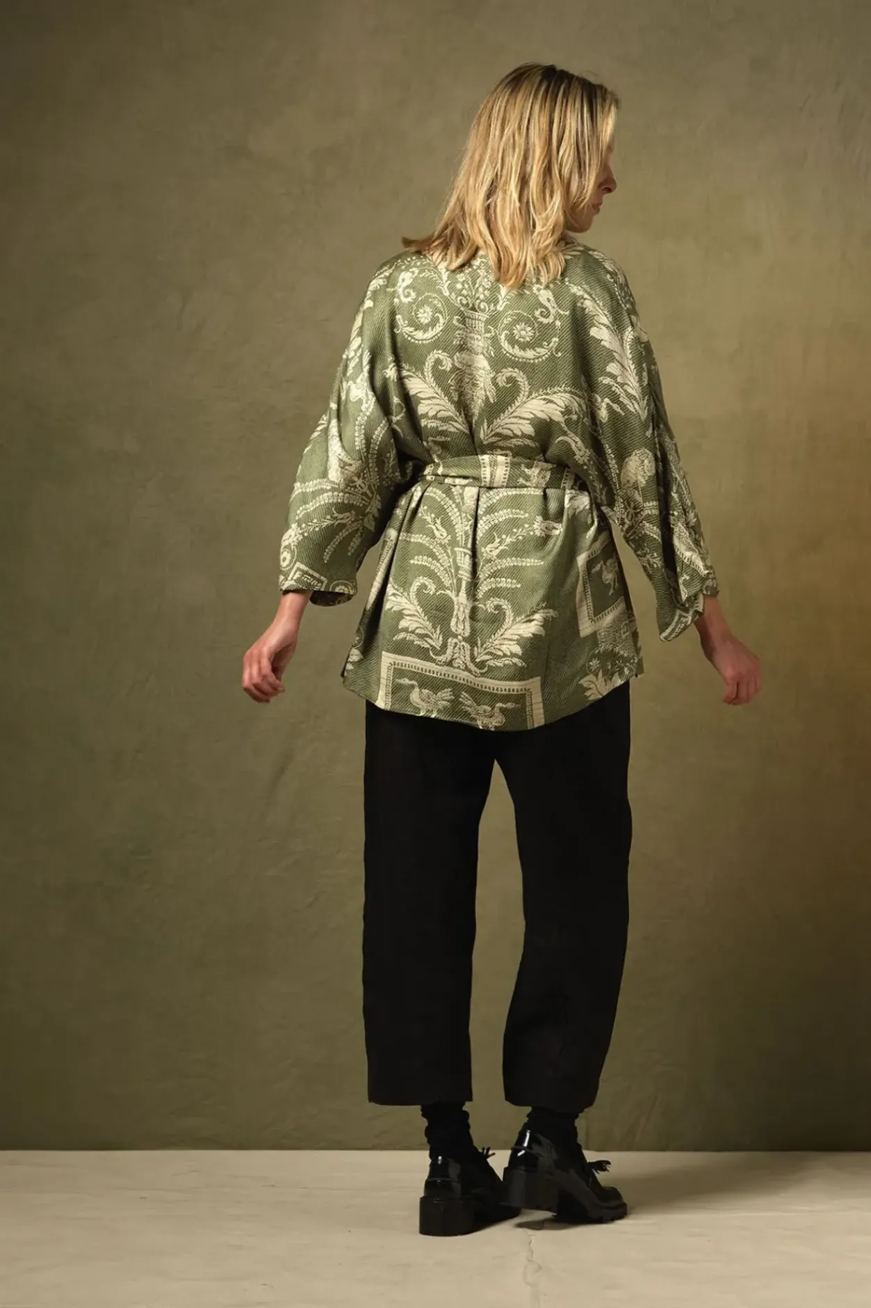 New One Hundred Stars Vintage Damask Sage Wrap Jacket
