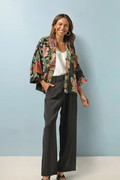Best One Hundred Stars Woven Flower Black Crepe Kimono